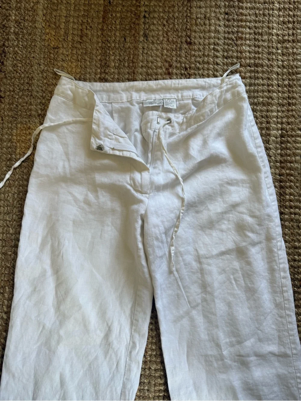 Women’s White 100% Linen Drawstring Wide Leg Pants Lined Size 2 Coastal